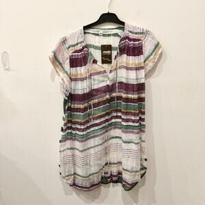 Burning Torch Striped Tunic Swim Cover Up Dress White/Green/Purple Women's S